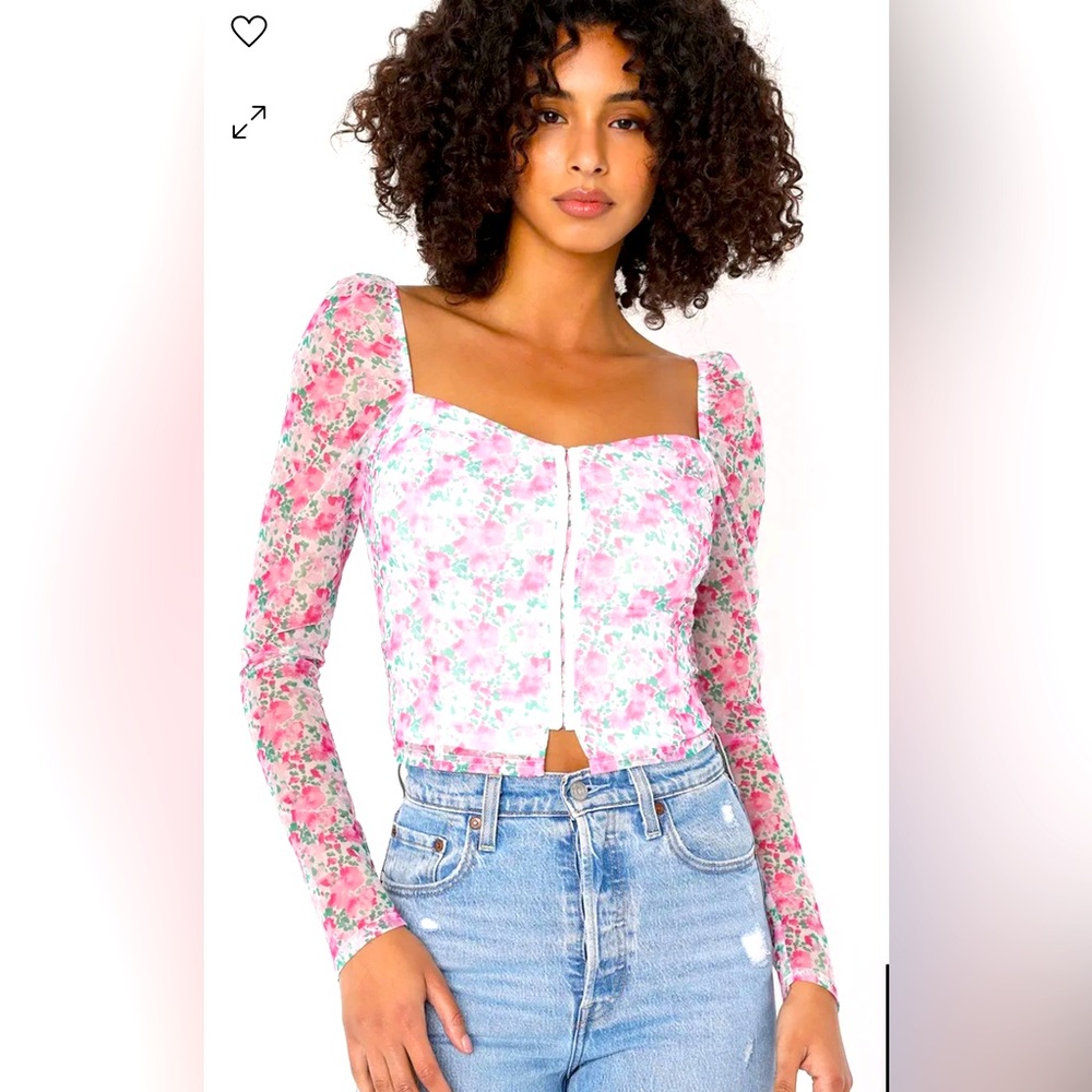 Lulu’s Abundant Admiration pink floral mesh bustier crop top Size Medium